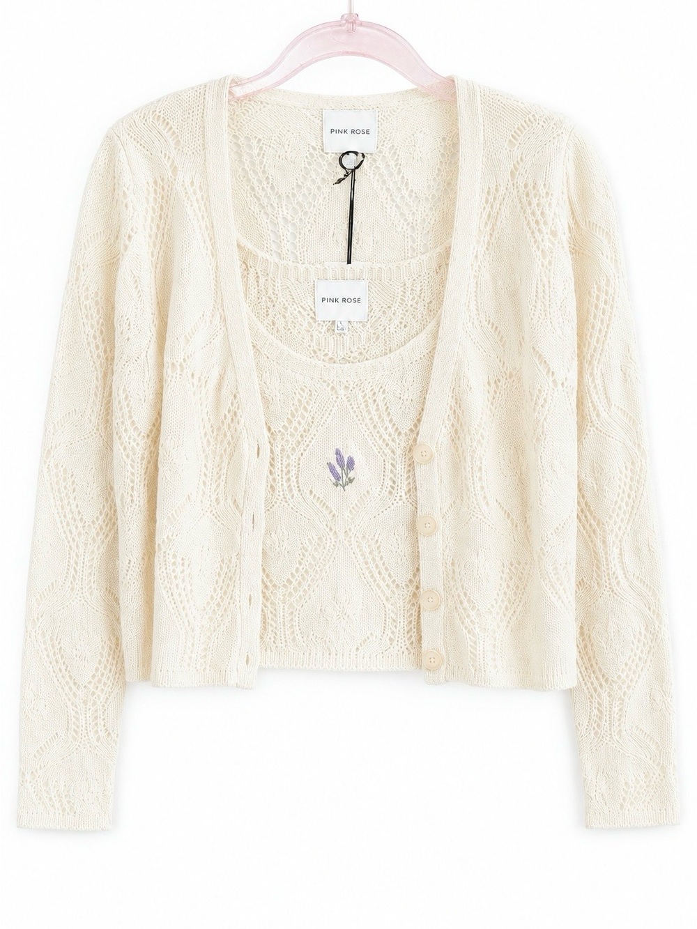 Pink Rose 2-Piece Pointelle Cardigan Tank Sweater Set